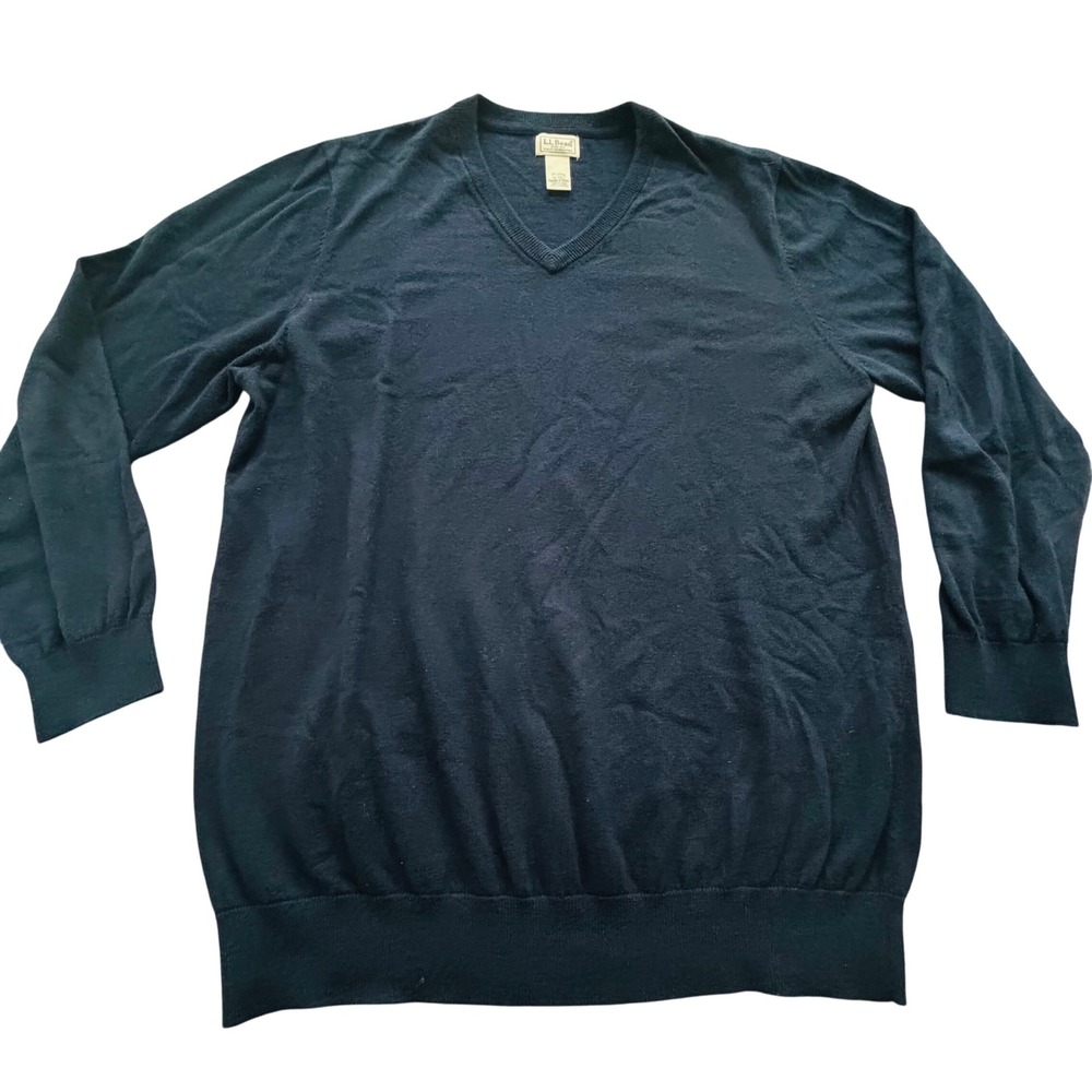 LL Bean Navy Blue V Neck Sweater Men's XL Tall Cotton Cashmere Long Sleeve